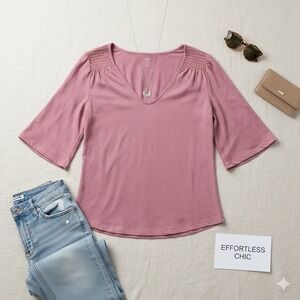 DIP Women's Dusty Rose Smocked V-Neck 3/4 Sleeve Casual T-Shirt Top M